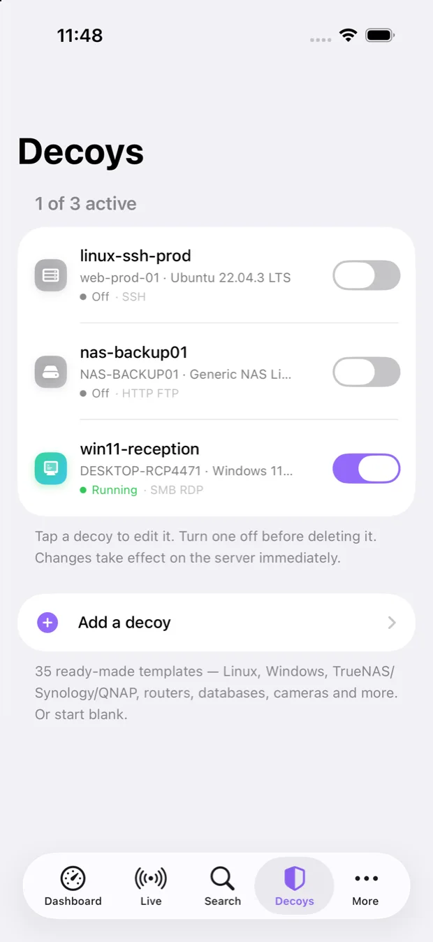 Decoys screen of the Honeypot Monitor iPhone app