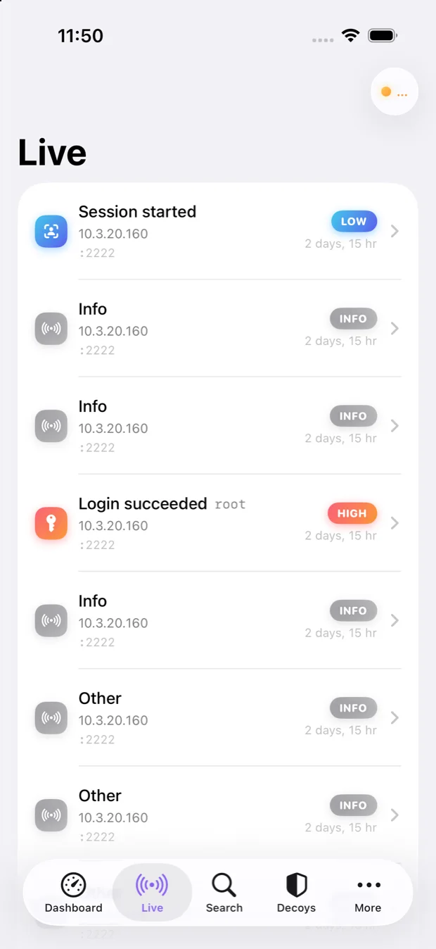 Live feed screen of the Honeypot Monitor iPhone app