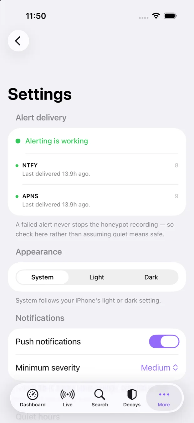 Alert delivery screen of the Honeypot Monitor iPhone app