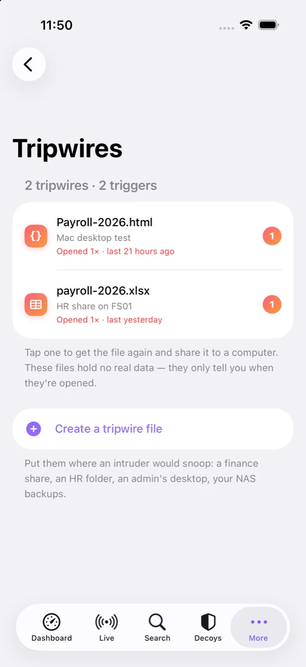Tripwires screen of the Honeypot Monitor iPhone app